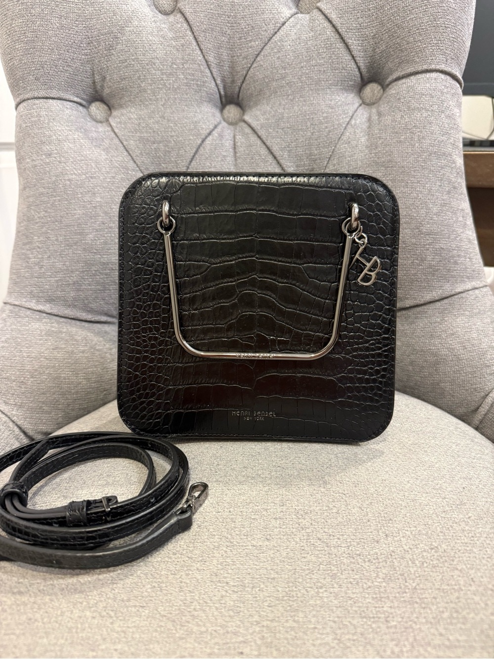 henri bendel Black Croc-Embossed Square Crossbody with Top Handle